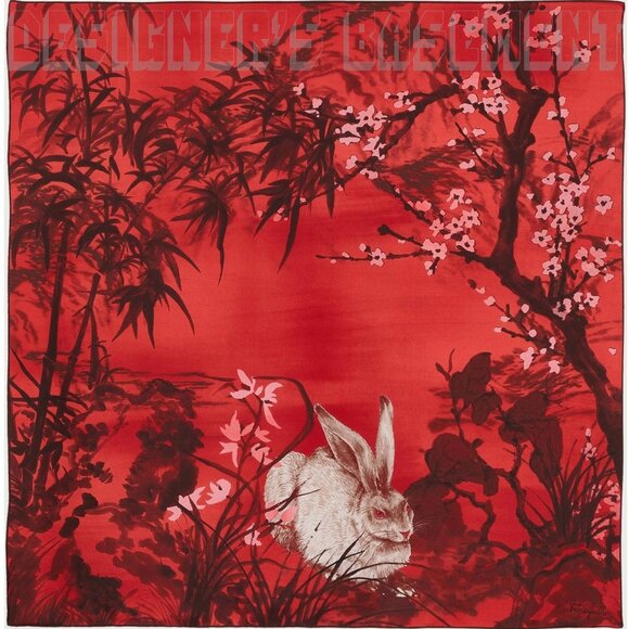 FERRAGAMO red & cream floral YEAR OF THE RABBIT silk scarf NWT + gift envelope🎁 - Picture 1 of 5